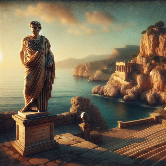 A majestic marble statue of a Roman Stoic philosopher in toga overlooking a calm Mediterranean sea at dawn, illuminated by warm golden light in a painterly cinematic style.