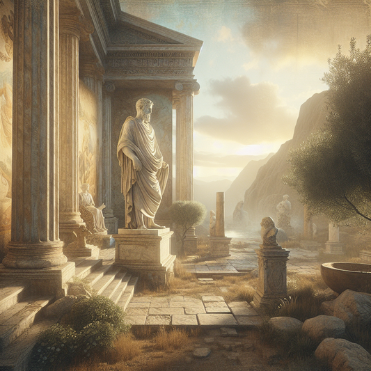 Serene Roman statue embodying wisdom set against a tranquil background, inspired by Stoic philosophy.
