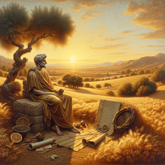 Roman philosopher seated peacefully at sunrise in a natural landscape surrounded by scrolls and a laurel wreath, embodying stoic philosophy and mental clarity, painted in the style of 1960s Roman historical epics.