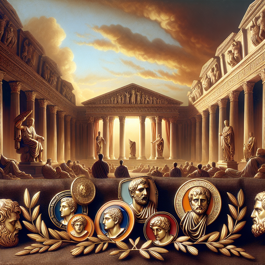 Elegant enamel pins featuring iconic Roman Stoic philosophers displayed against a warm, cinematic backdrop of ancient Roman columns and laurel wreath motifs.