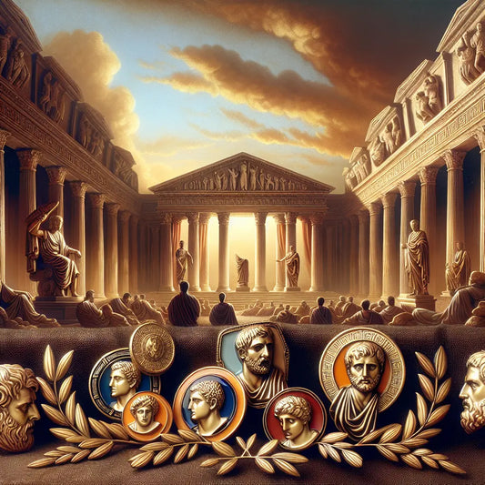 Elegant enamel pins featuring iconic Roman Stoic philosophers displayed against a warm, cinematic backdrop of ancient Roman columns and laurel wreath motifs.