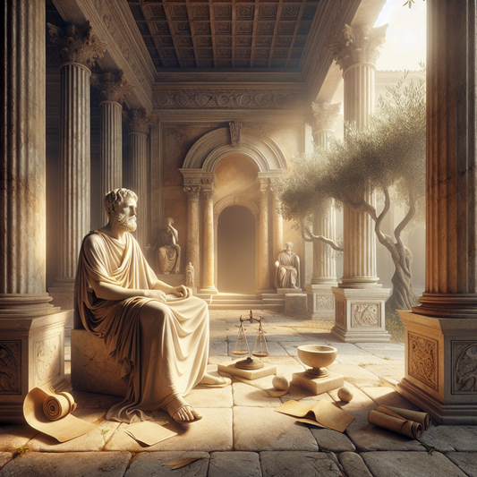 A thoughtful Roman philosopher seated in a marble courtyard, contemplating Stoic virtues symbolized by scrolls and a balance scale, bathed in warm sunlight and surrounded by classical architecture.