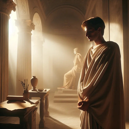 Portrait of a thoughtful person in a Roman toga, surrounded by classical stoic symbols and warm earth tones, reflecting emotional depth and human connections in a cinematic style.