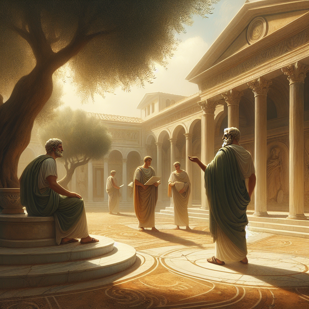 Scene of Roman philosophers discussing under olive trees, capturing the peaceful essence of Stoic wisdom and resilience.