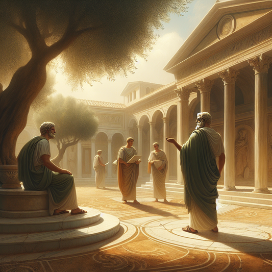 Scene of Roman philosophers discussing under olive trees, capturing the peaceful essence of Stoic wisdom and resilience.