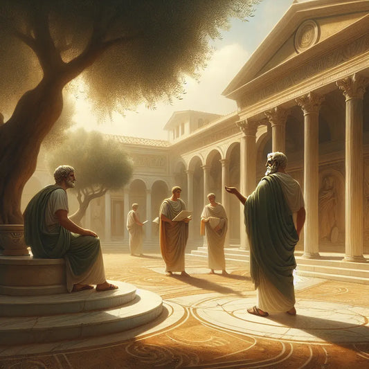 Scene of Roman philosophers discussing under olive trees, capturing the peaceful essence of Stoic wisdom and resilience.