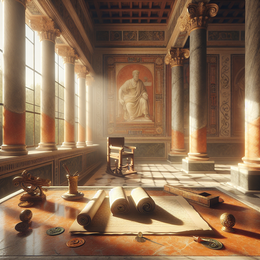 A serene Roman scholar's study with an open scroll resembling The Daily Stoic and a minimalist Stoic enamel pin on a marble desk, bathed in warm natural light.