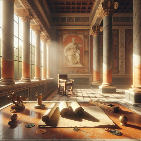 A serene Roman scholar's study with an open scroll resembling The Daily Stoic and a minimalist Stoic enamel pin on a marble desk, bathed in warm natural light.