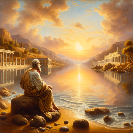 Serene Roman seascape at sunrise with gentle waves and a lone philosopher in a toga overlooking calm water, symbolizing Stoic tranquility and acceptance of death.