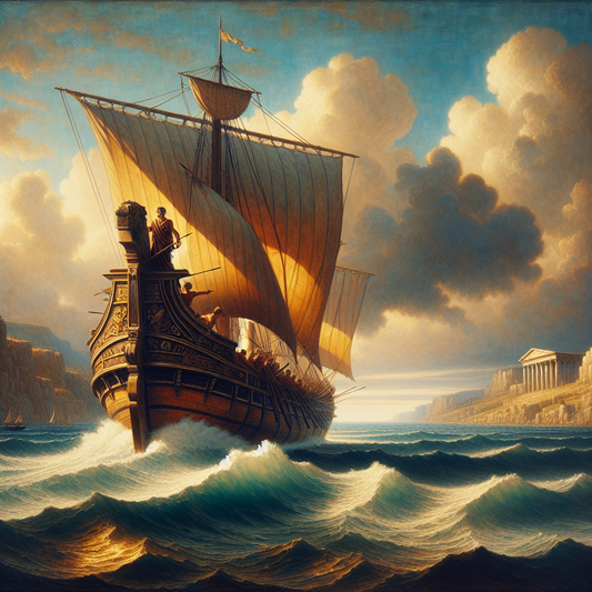 A sturdy Roman ship sailing calmly on a gently wavering sea beneath a serene blue sky, with a resolute helmsman steering, inspired by Stoic philosophy and ancient Roman maritime imagery.
