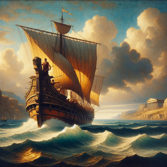 A sturdy Roman ship sailing calmly on a gently wavering sea beneath a serene blue sky, with a resolute helmsman steering, inspired by Stoic philosophy and ancient Roman maritime imagery.