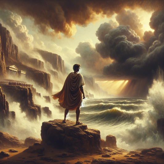 A calm Roman figure stands resolute on rocky cliffs during a stormy sky, symbolizing stoic strength and emotional resilience in a cinematic 1960s historical epic style.