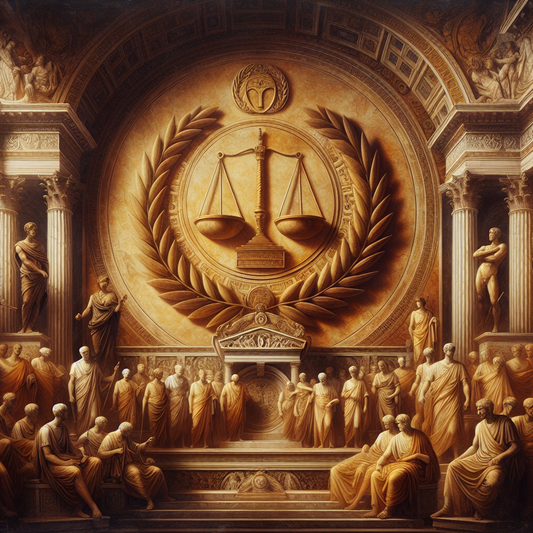 Artistic illustration of ancient Roman jewelry motifs including laurel wreaths, scales, and portraits of Marcus Aurelius set against a textured Roman marble backdrop, reflecting stoic philosophy.