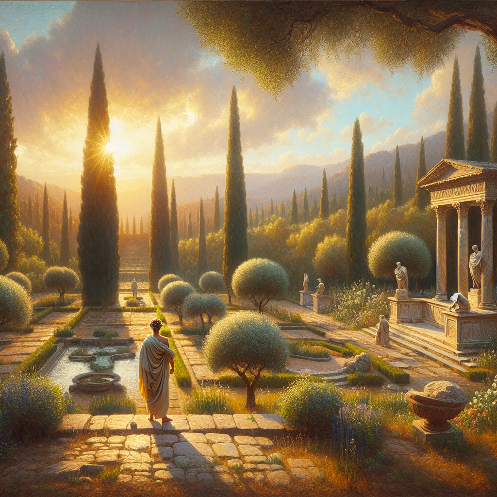 Serene Roman garden scene with a figure wearing a laurel wreath and toga, surrounded by natural elements and classical architecture symbolizing virtue and mindfulness in a cinematic style.
