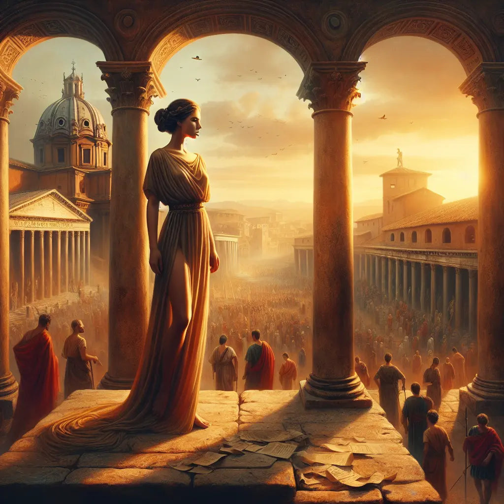 Roman woman in stoic calm stands composed on a balcony overlooking a bustling Roman forum at sunset, captured in a cinematic 1960s historical epic style.