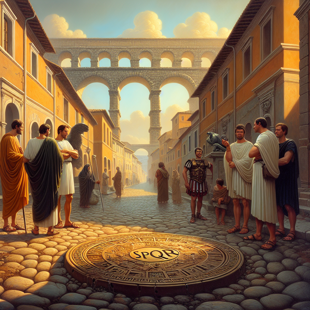 Historic Roman street scene centered on a bronze manhole cover stamped SPQR, surrounded by classical Roman architecture and figures in traditional attire, bathed in warm sunlight.
