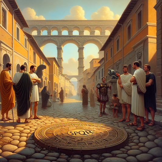 Historic Roman street scene centered on a bronze manhole cover stamped SPQR, surrounded by classical Roman architecture and figures in traditional attire, bathed in warm sunlight.