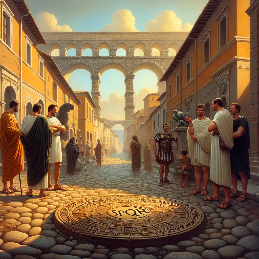 Historic Roman street scene centered on a bronze manhole cover stamped SPQR, surrounded by classical Roman architecture and figures in traditional attire, bathed in warm sunlight.