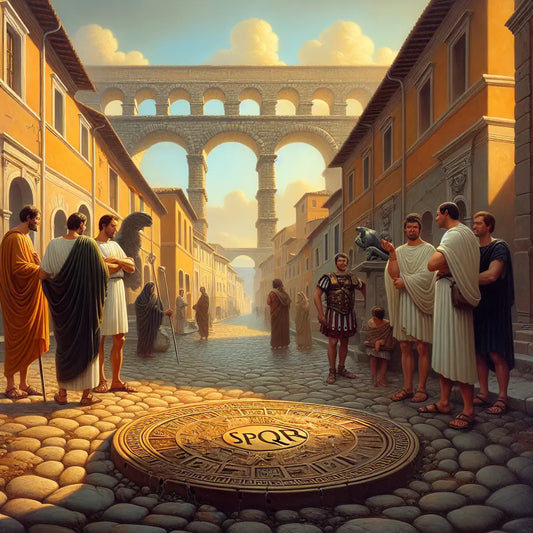 Historic Roman street scene centered on a bronze manhole cover stamped SPQR, surrounded by classical Roman architecture and figures in traditional attire, bathed in warm sunlight.