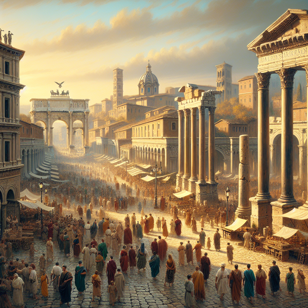 Roman street scene with men and women wearing various tunics, surrounded by Roman architecture and the Forum in the background under a warm, golden Italian sky.