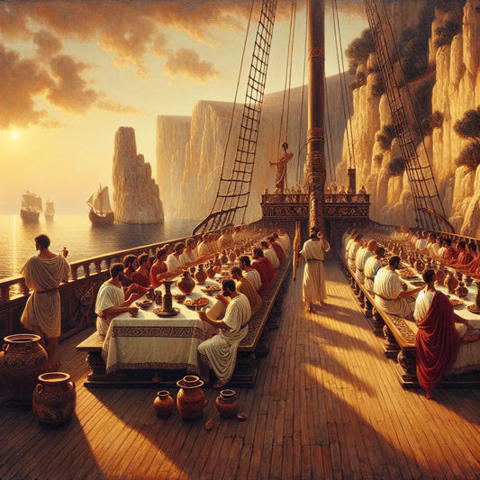 Roman noble and elegantly dressed passengers dining on a ship deck at sunset with fjord-like cliffs in the background, painted in a 1960s historical epic style.