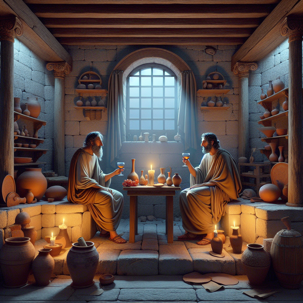 Two stoic Roman philosophers seated in an ancient tavern, calmly discussing over wine by soft candlelight in a warm, rustic setting inspired by 1960s historical epics.
