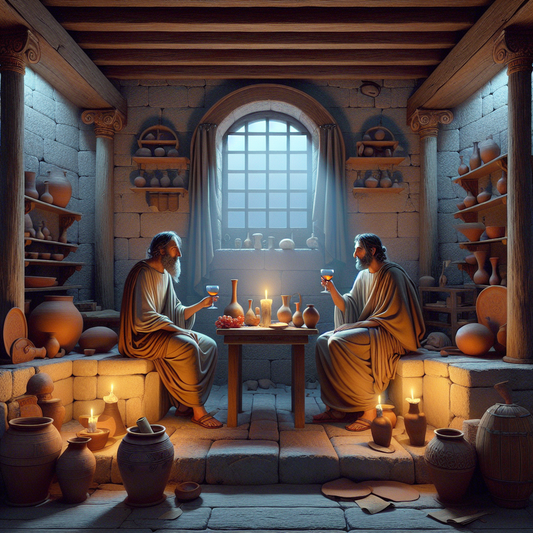 Two stoic Roman philosophers seated in an ancient tavern, calmly discussing over wine by soft candlelight in a warm, rustic setting inspired by 1960s historical epics.