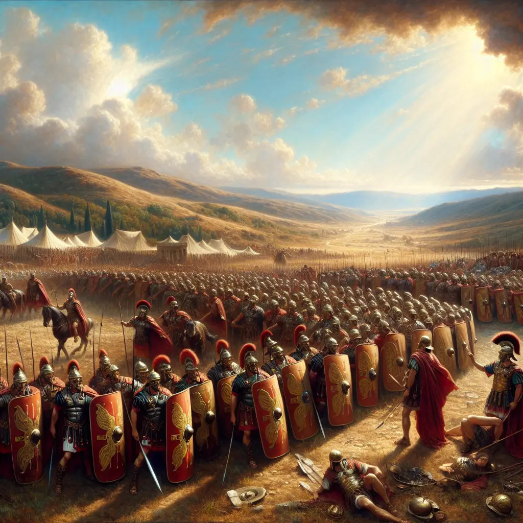 Roman legionaries in tight testudo shield formation on an ancient battlefield under a dramatic sky, depicted in the painterly style of 1960s historical epics.