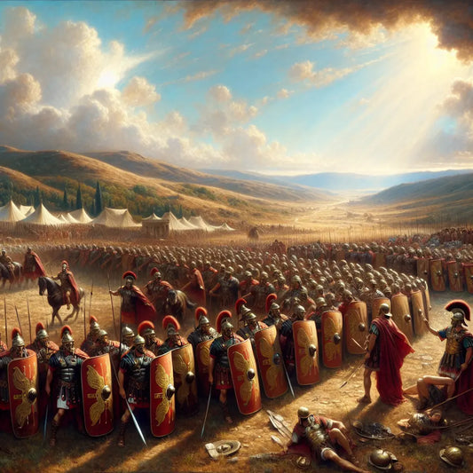 Roman legionaries in tight testudo shield formation on an ancient battlefield under a dramatic sky, depicted in the painterly style of 1960s historical epics.