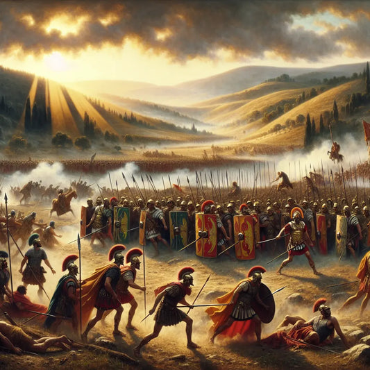 Roman legions in testudo formation advancing against fierce Celtic warriors on a wild battlefield, with banners and smoke creating dramatic tension, inspired by 1960s historical epics.