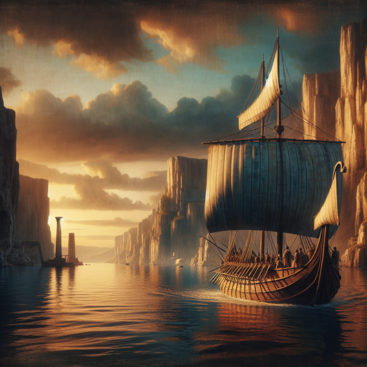A Roman trireme sailing calmly through fjord-like rocky cliffs at sunset, with warm golden light reflecting off the water, painted in a cinematic 1960s historical epic style.