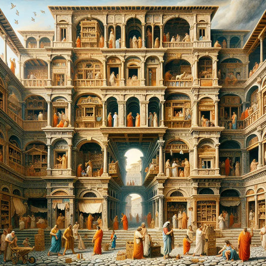 A vibrant ancient Roman street scene showing a multi-story insula apartment building with shops below and families above, illustrated in a warm, cinematic 1960s epic painting style.