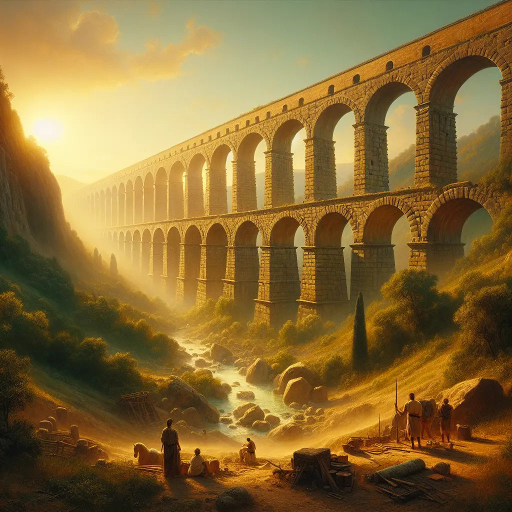 Majestic ancient Roman viaduct with intricate keystone arches spanning a lush valley at sunset, highlighting the blend of nature and Roman engineering in a cinematic, painterly style.
