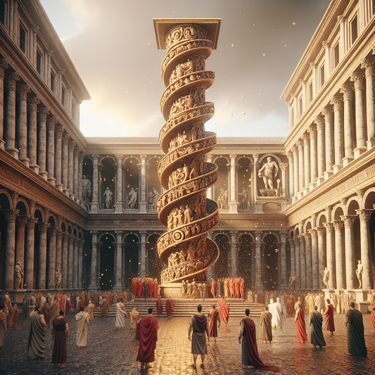 A towering Roman victory column with spiral reliefs of battles and philosophers in a lively ancient Roman piazza under a clear blue sky, depicted in the style of classic 1960s historical epics.