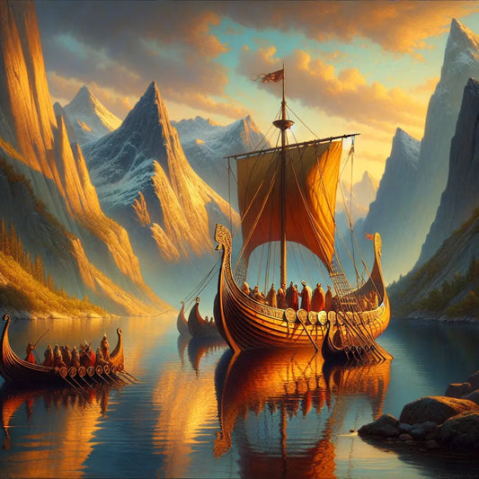A majestic Roman-style ship sailing calmly through northern fjords at sunset with soft light on the deck and mountainous backdrop, painted in a 1960s historical epic style.