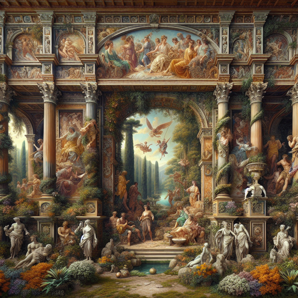 Vivid Roman fresco showing mythological gods and storytelling scenes on ancient villa walls, with lush Roman gardens bathed in warm natural light.