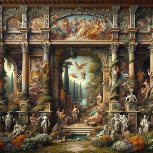 Vivid Roman fresco showing mythological gods and storytelling scenes on ancient villa walls, with lush Roman gardens bathed in warm natural light.
