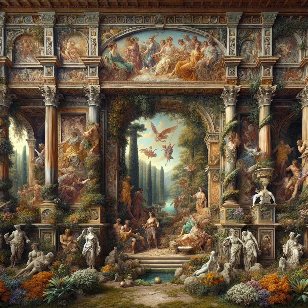 Vivid Roman fresco showing mythological gods and storytelling scenes on ancient villa walls, with lush Roman gardens bathed in warm natural light.