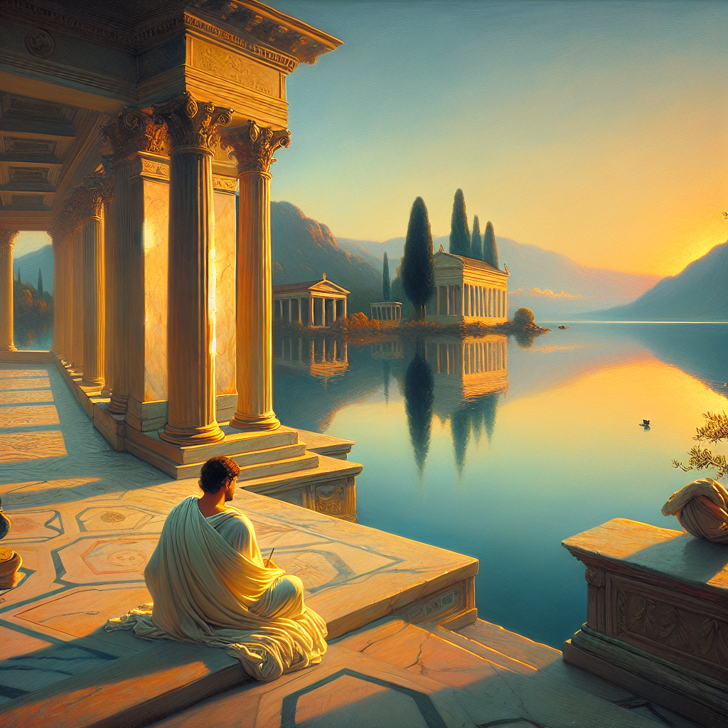 A serene Roman villa by Lake Minerva at dawn, with ripples reflecting a golden sunrise, and a philosopher meditating, in a style reminiscent of classic 1960s historical films.