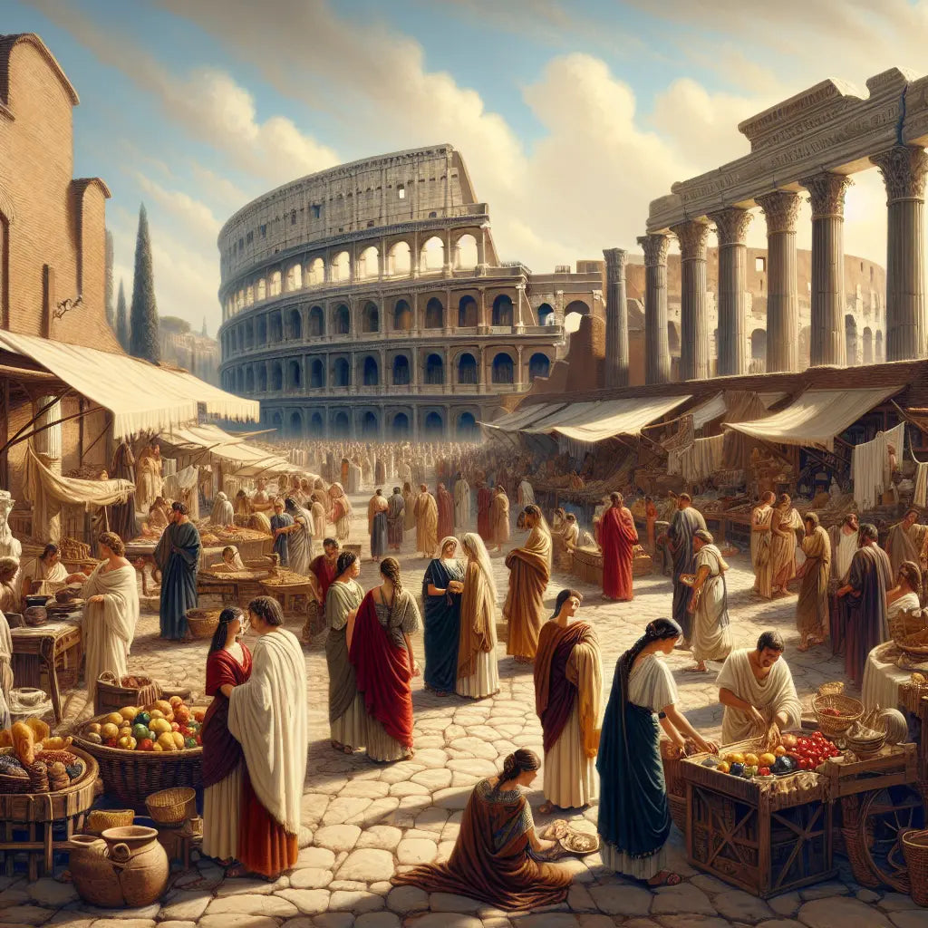 Ancient Roman women in traditional tunics, stolas, and pallas walk through a vibrant street market with the Colosseum and marble statues visible in the background under a clear blue sky.