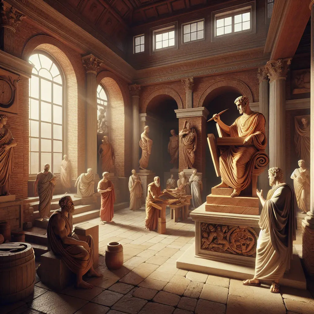 Detailed wooden sculpture with sharp edges symbolizing precision, in a Roman workshop with artisans admiring it, painted in a classic 1960s historical epic style.