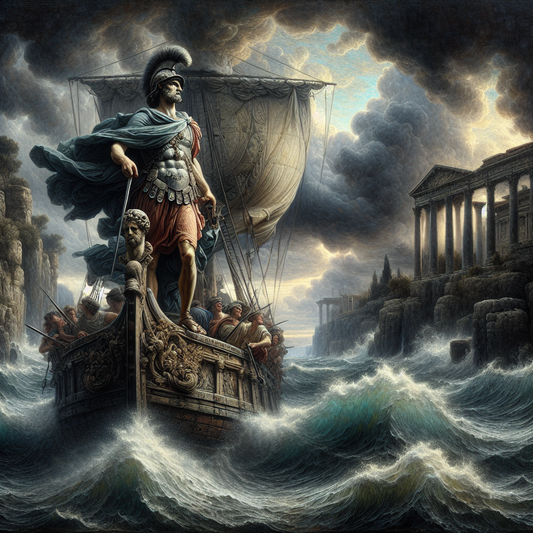 A Roman ship's captain stands calm and resolute steering through a stormy sea with dramatic skies, symbolizing stoic leadership and emotional resilience, in a 1960s historical epic painting style.