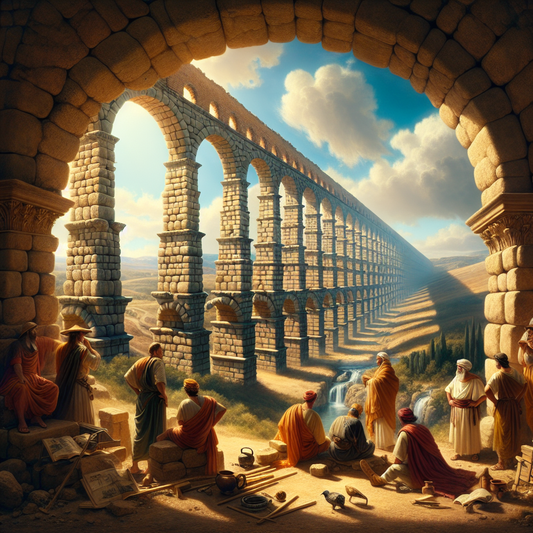 Ancient Roman aqueduct spanning a hilly landscape under a bright blue sky with water flowing uphill through pressurized siphons, with Roman engineers observing the structure.