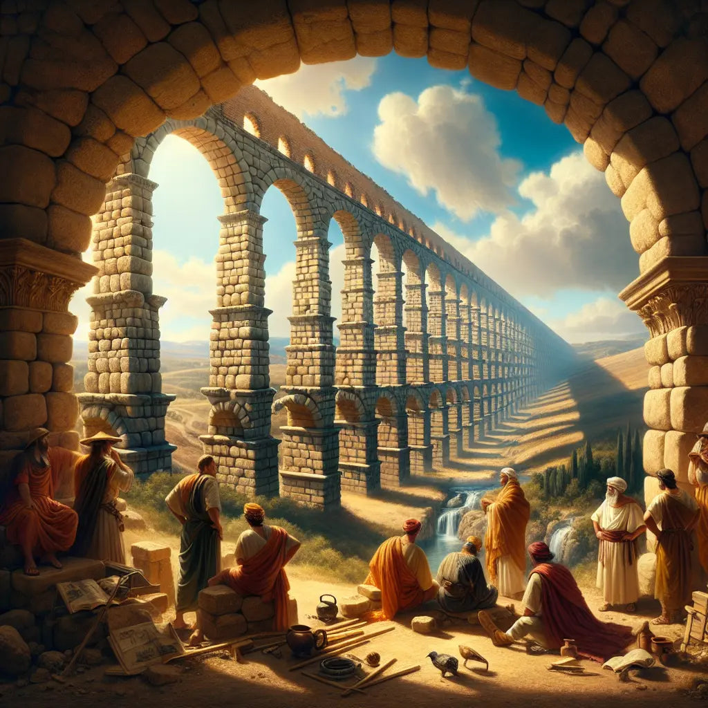Ancient Roman aqueduct spanning a hilly landscape under a bright blue sky with water flowing uphill through pressurized siphons, with Roman engineers observing the structure.