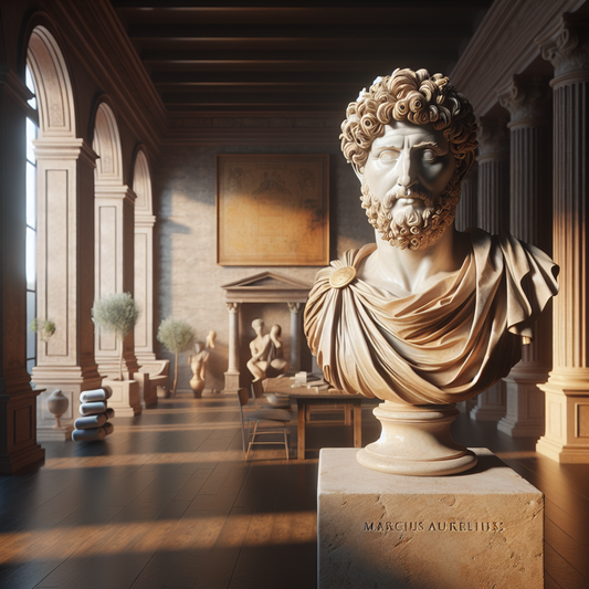 Classical Roman marble bust of Marcus Aurelius with a calm expression set against a stylized modern office background blending ancient sculpture detail with contemporary clarity.