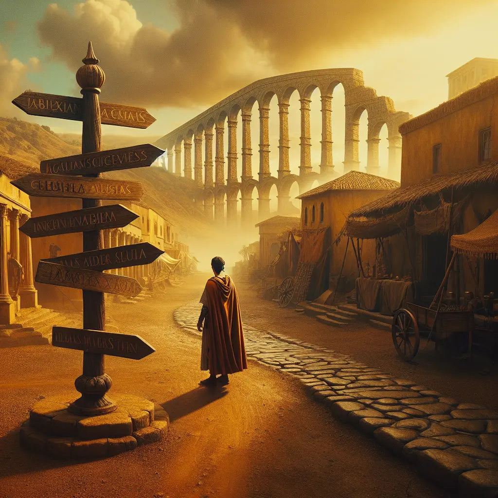A Roman-era figure stands at a crossroads with signposts pointing to Spanish and German landmarks, set against a warm, sunlit ancient landscape with Roman architecture and cultural symbols.