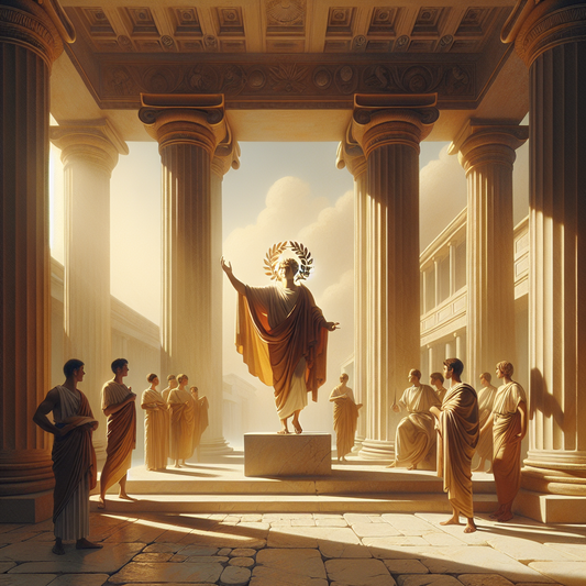 A stoic Roman emperor crowned with a laurel wreath stands heroically in a classical courtyard blending ancient Roman architecture with minimalist modern fashion motifs, painted in a warm cinematic 1960s epic style.