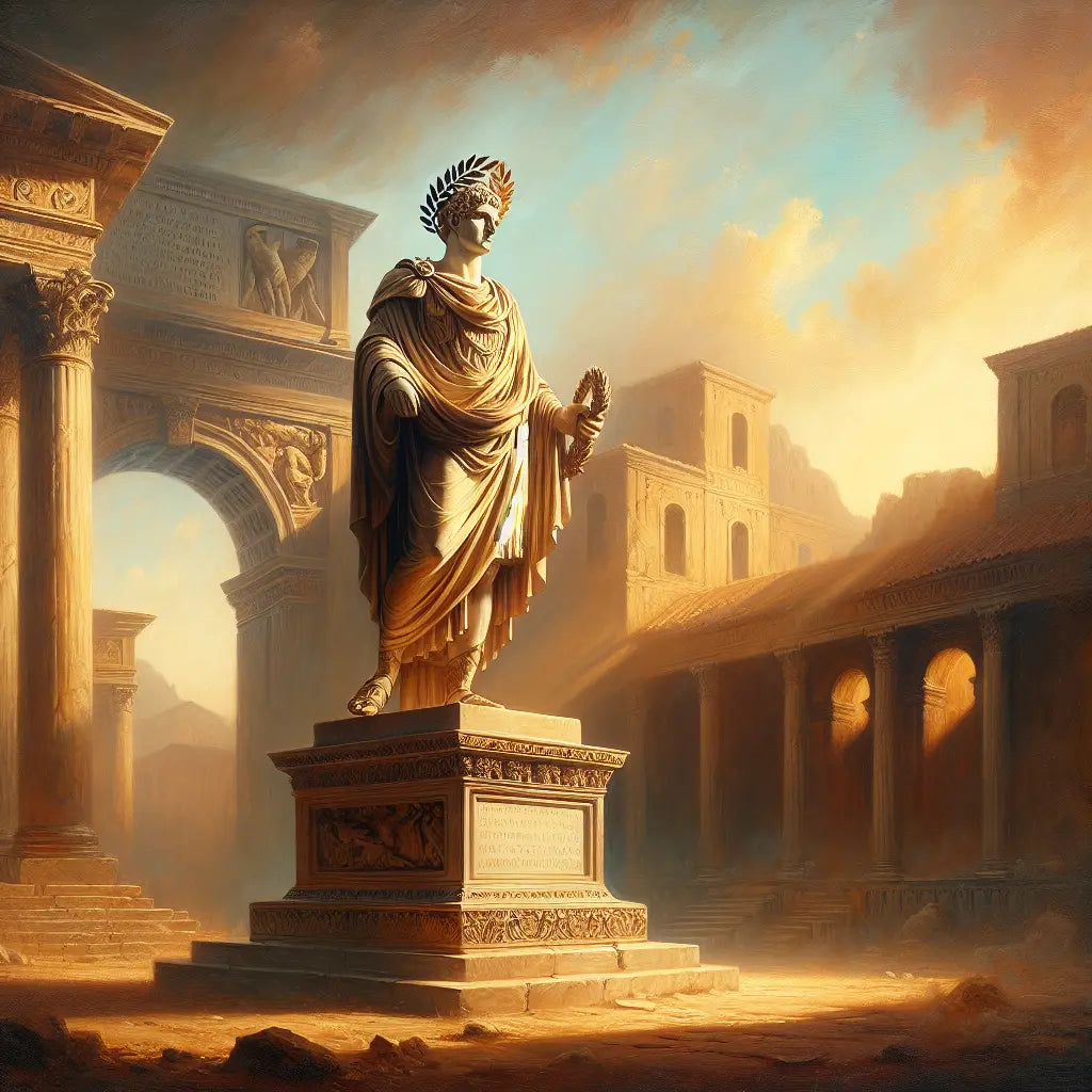 Majestic Roman emperor statue wearing a laurel wreath, posed stoically against sunrise-lit ancient Roman marble columns and arches, symbolizing leadership and timeless philosophy.