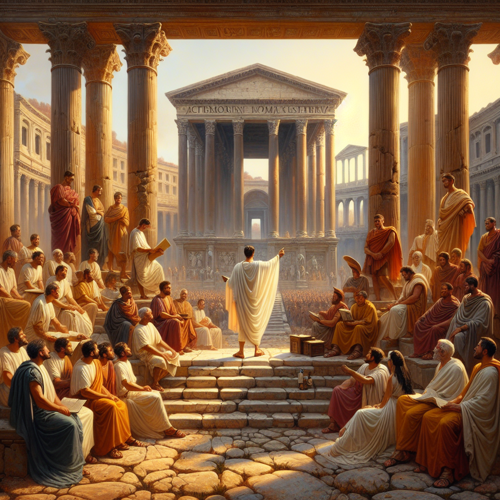 Roman senator addressing an assembly in the ancient Roman Forum, surrounded by marble columns and arches, depicted in a 1960s epic film painting style.