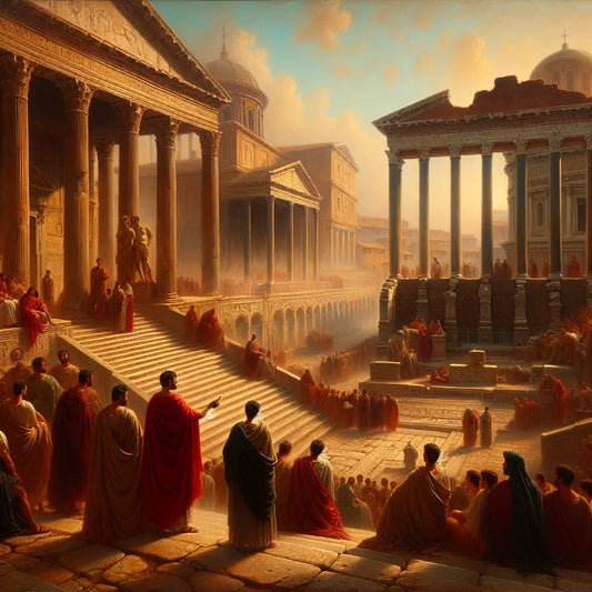 A majestic Roman forum scene with legionaries, a philosopher addressing a small crowd amidst classical Roman architecture under warm golden daylight, styled like a 1960s historical epic film painting.